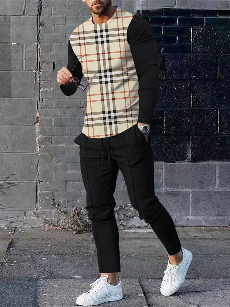 Men's fashion casual plaid print long sleeve two-piece set