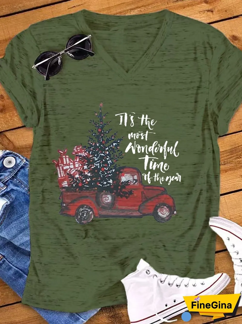 Women's Christmas Truck It's The Most Wonderful Time Of The Year Casual V-Neck Tee