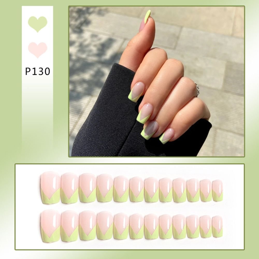 24pcs Summer Green French False Nails Gradient Hit Color Fake Nail Press On Nail Manicure Nail Art Decoration Fullcover Tips