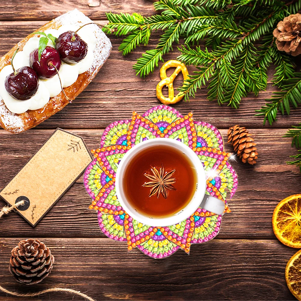 6pcs Datura DIY Diamonds Painting Coaster Woodiness with Rack Cup Pad Decor