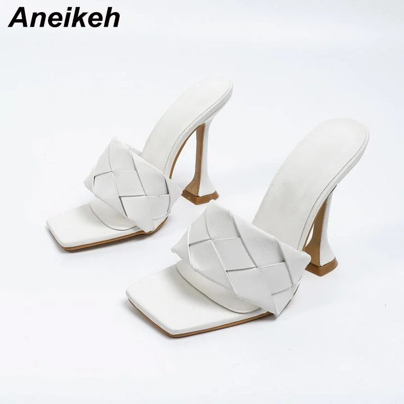 Aneikeh NEW Sexy PU Woven Fabric Women Mules Summer Head Peep Toe Hoof Heels Fashion Slip On Slides Ladies Party Pumps Shoe 42