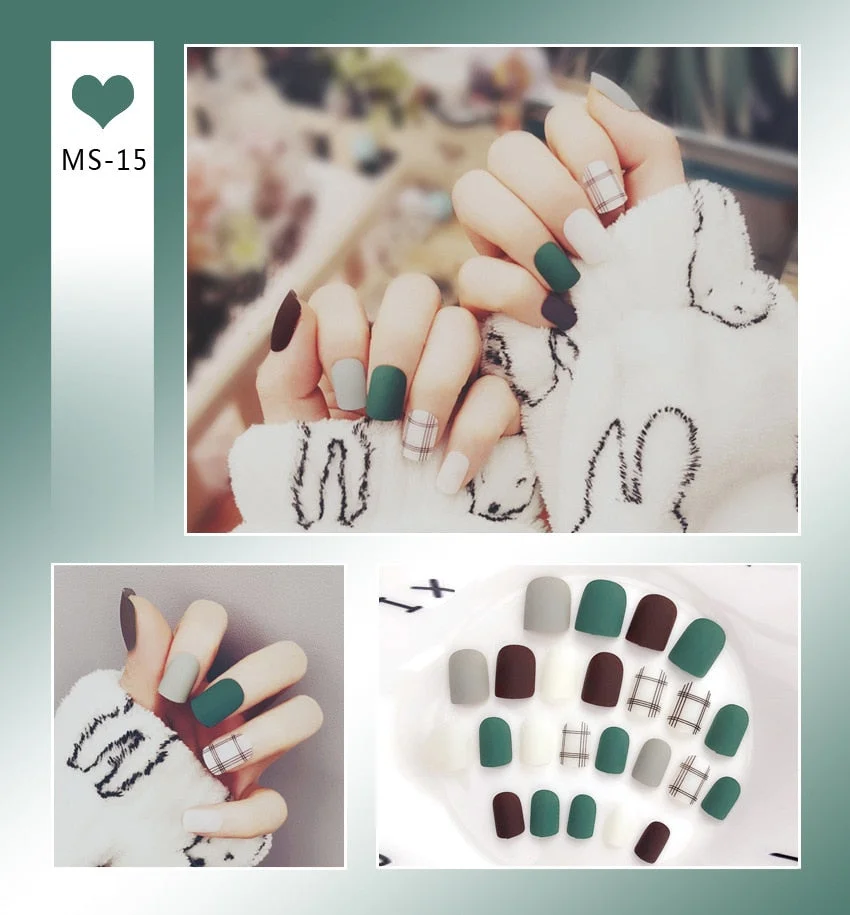 24pcs Matte False Nail Press On Nail With Glue Round Graffiti Fake Nail Manicure Nail Art Decoration  Nail Art Tools-Nail Inspo