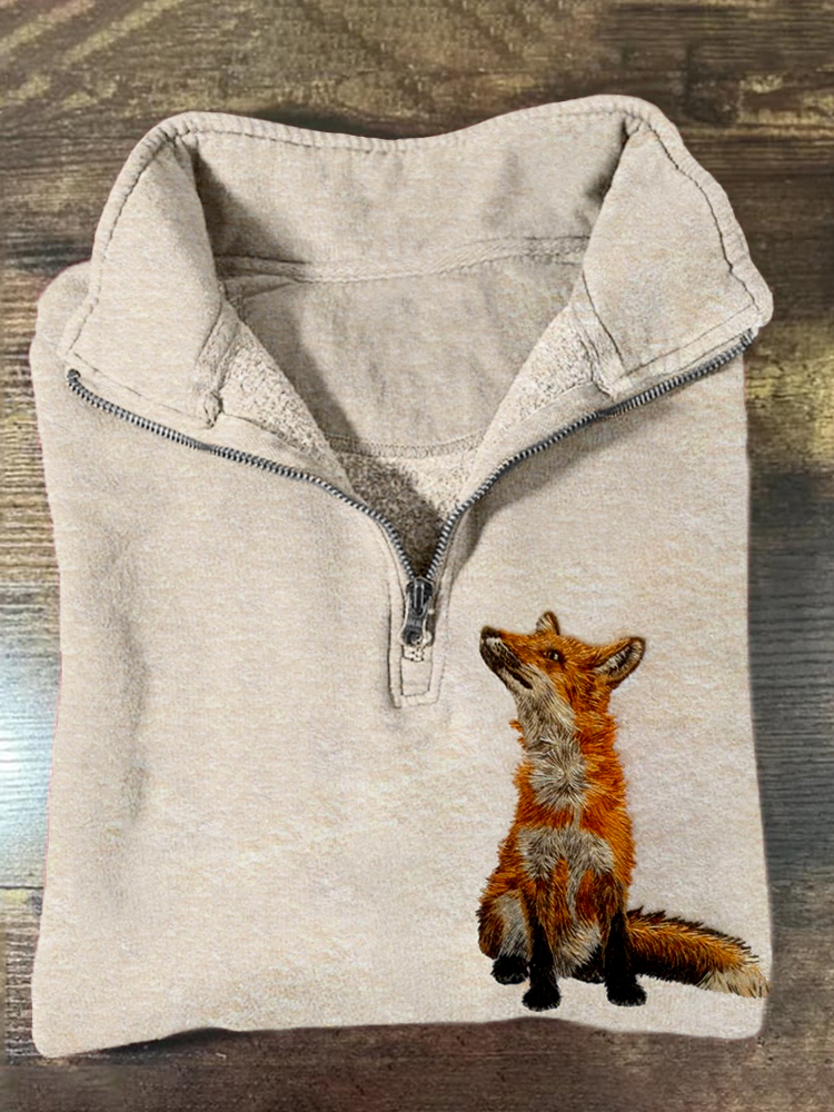 Cute Fox Embroidery Art Vintage Zip Up Cozy Sweatshirt artswardrobe