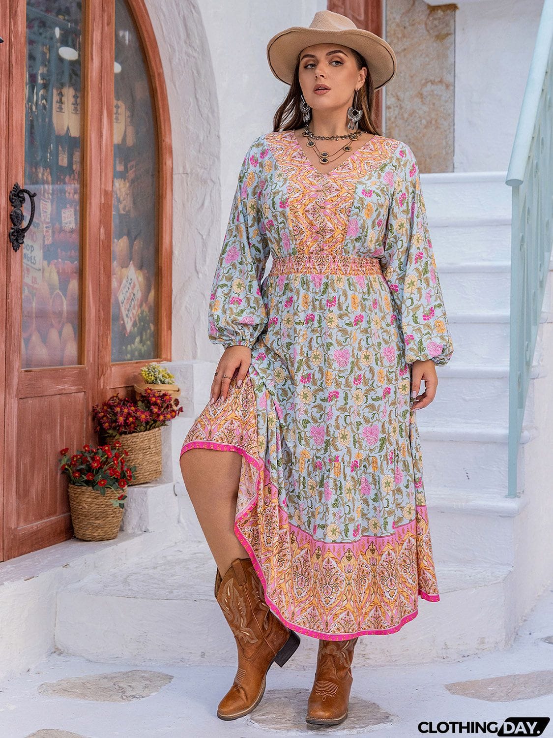 Plus Size Printed V-Neck Long Sleeve Dress