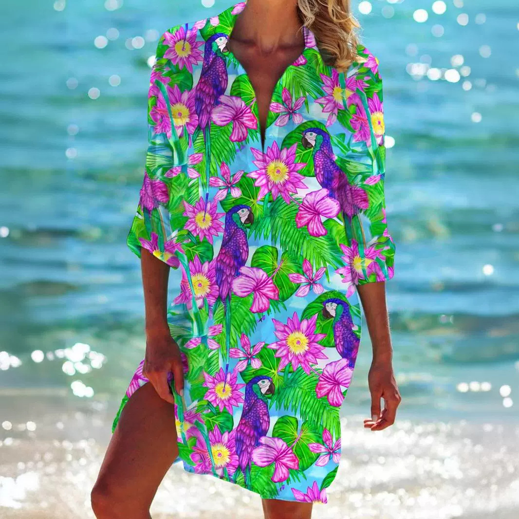 Myopiclunacy Colorful Floral Flower 3D Print Beach Blouses Women Long Sleeve Blusas Mid-length Shirts Buttons Shirt Woman Pocket Tops Blouse