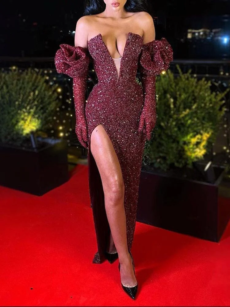 Promsstyle Promsstyle  deep V-neck high slit floor red evening dress Prom Dress 2023