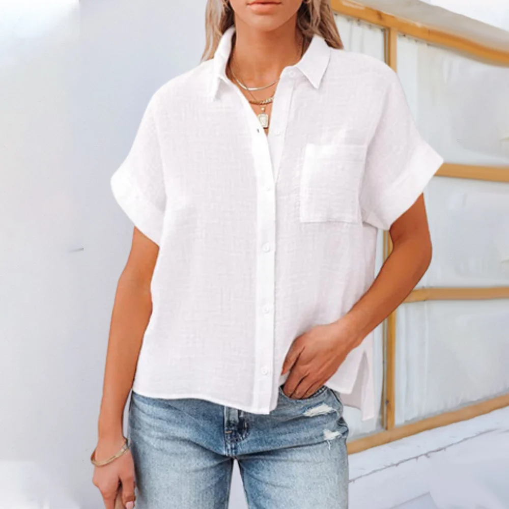 Smiledeer New Ladies Short Sleeve Cotton Linen Shirt