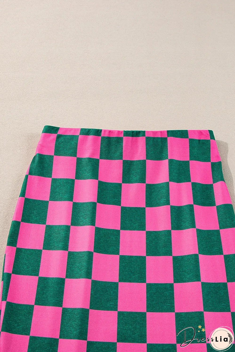 Rose Checkered Print Side Slit High Waist Midi Skirt