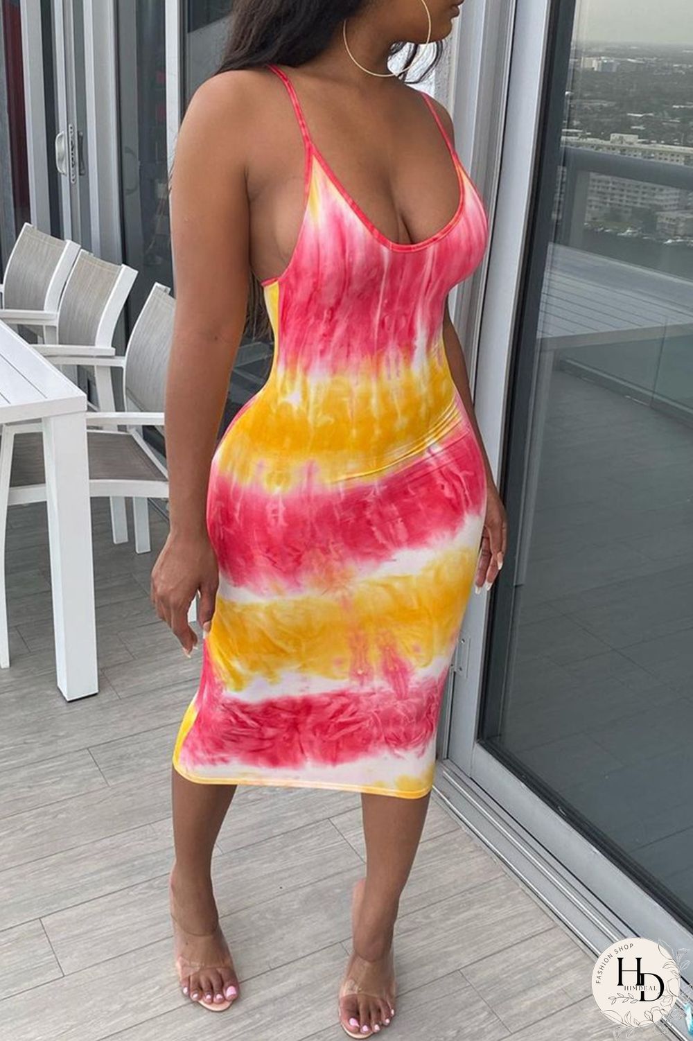 Colour Fashion Sexy Print Basic U Neck Sling Dress