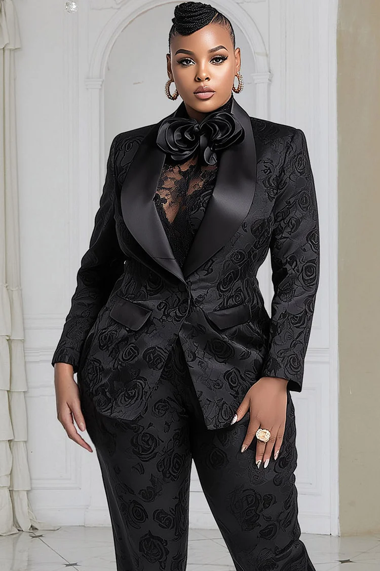 Xpluswear Design Plus Size Formal Black Lapel Collar Long Sleeve See Through Elegant Satin Two Piece Pant Suits [Pre-Order]