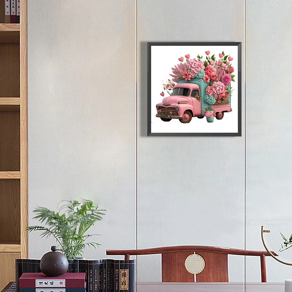 Full Round Diamond Painting 30*30cm - Pink Flower Classic Car