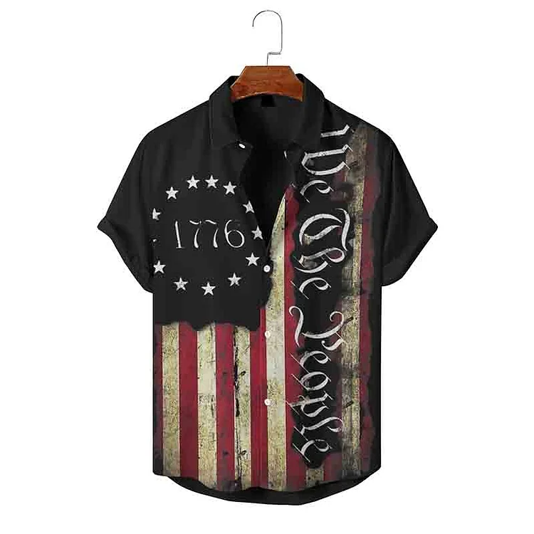 BrosWear Vintage Vintage Flag Printed Short Sleeve Shirt