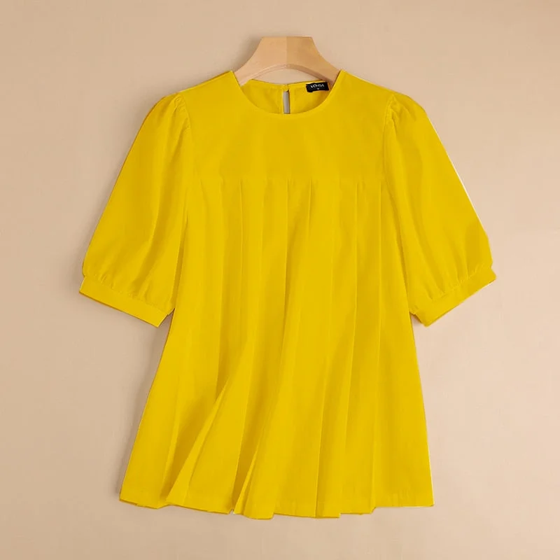 Fashion Tops 2022 VONDA Holiday Bohemian Women Casual Tops Casual Short Sleeve Pleated Ruffled Blouse Blusas Femininas