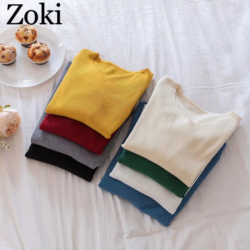 Zoki Sexy V Neck Women Pullover Sweater Fashion Autumn Winter Long Sleeve Knitted Jumper Top Casual Korean Slim Basic Blouse