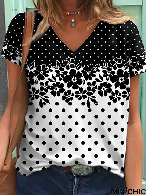 V Neck Floral-print Short Sleeve Casual T-shirt