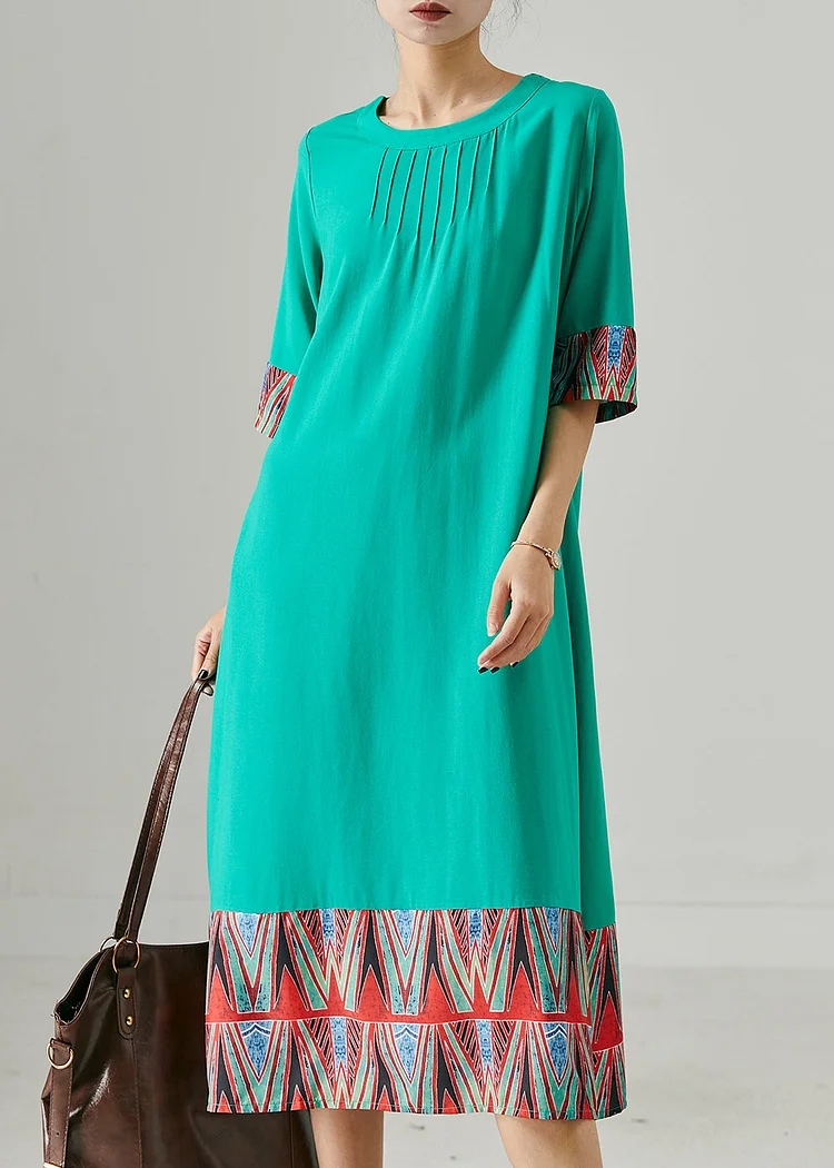 Women Green O-Neck Patchwork Wrinkled Cotton Dress Summer
