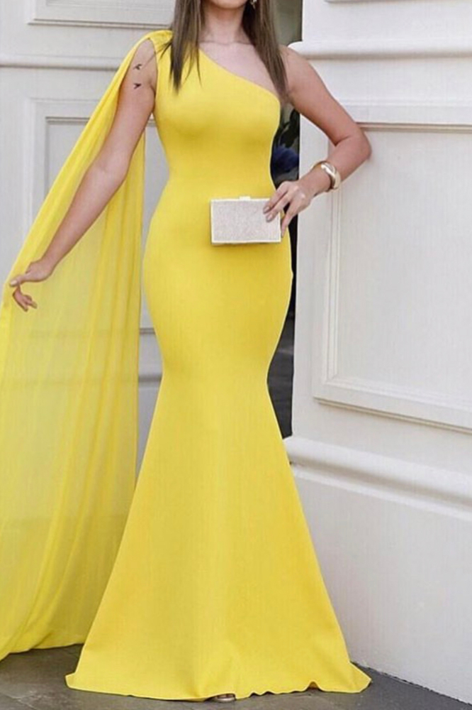 Elegant One Shoulder Yellow Prom Dress Mermaid Long With Ruffles - lulusllly