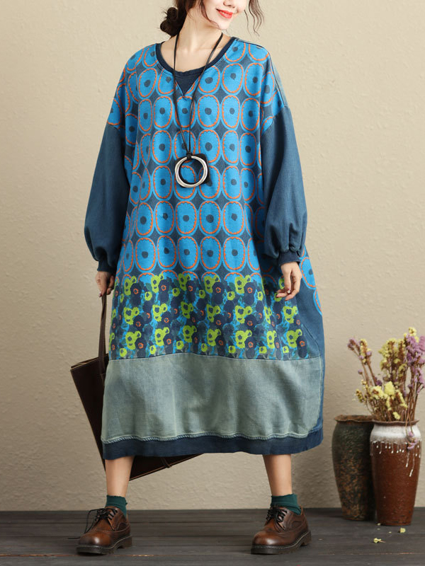 Loose Printed Bubble Sleeve Bat Shape Dress