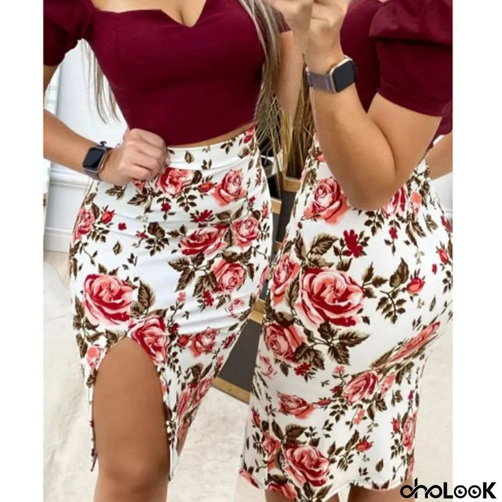 Sexy High Waist Floral Slit Slim Skirt