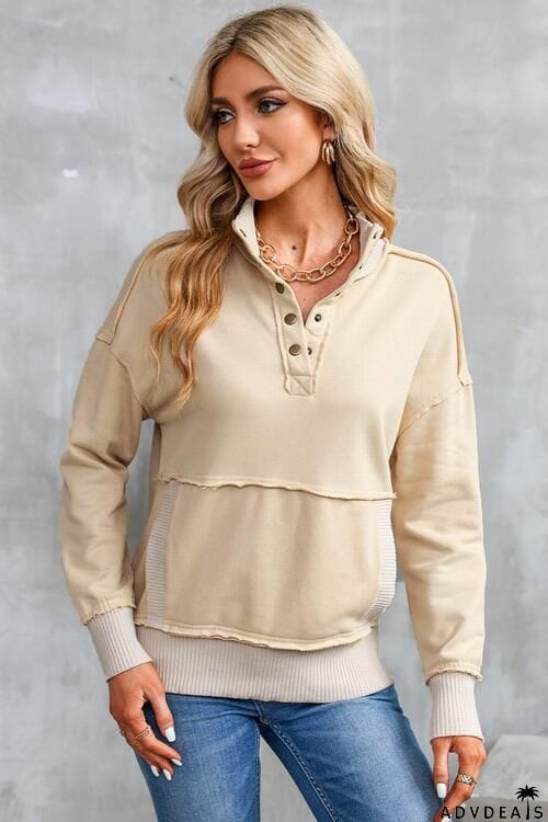 Half Snap Drop Shoulder Long Sleeve Sweatshirt