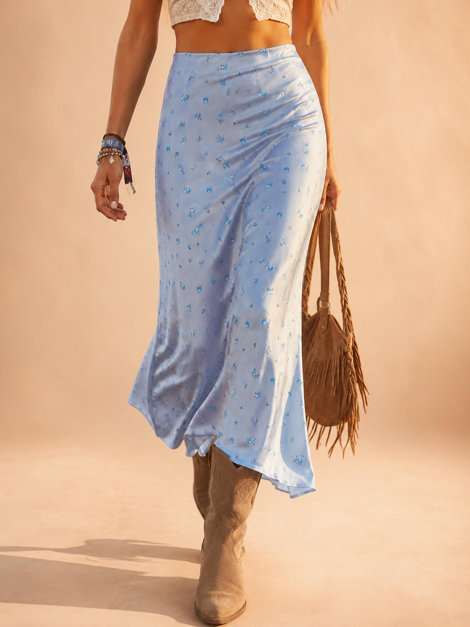Perfect for Western Music Festivals &mdash; Light Blue Floral High Waist Bias Cut Drapey Satin Silky Women's Slip Maxi Skirt