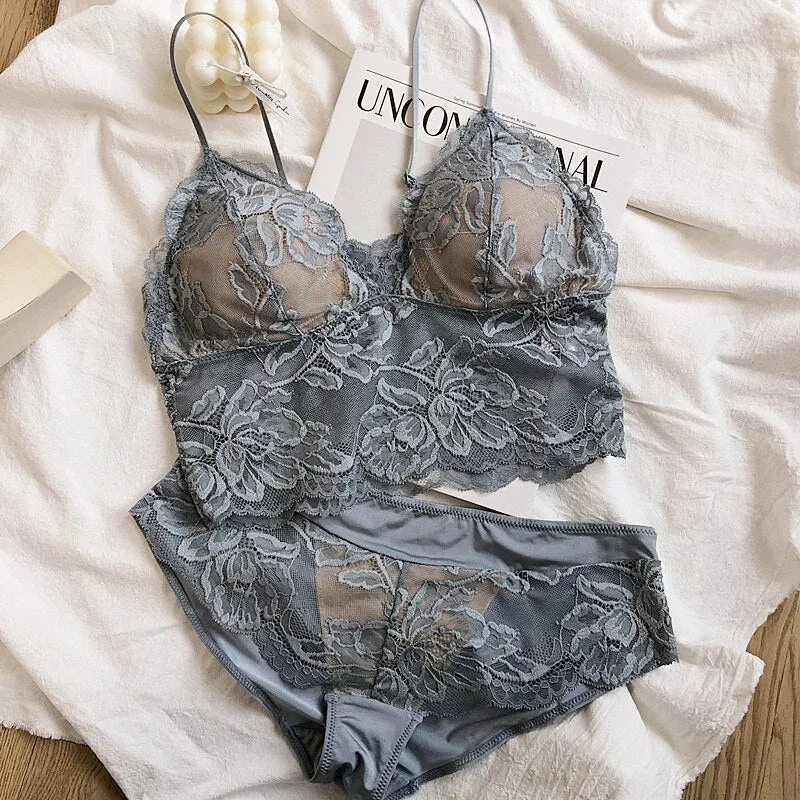 Sexy lingerie sets perspective lace bralette inside bra without steel ring triangle cup thin gathered suspenders underwear set