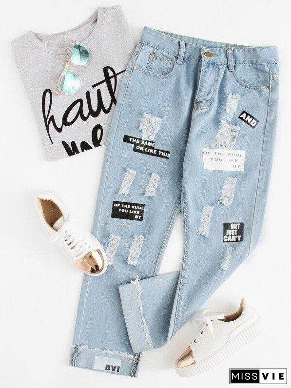 Plus Slogan Graphic Ripped Boyfriend Jeans for Women