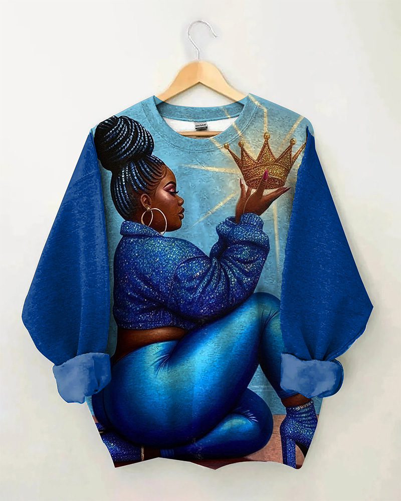 Black Girl Crown Wish Lady Crewneck Long Sleeve Hoodie