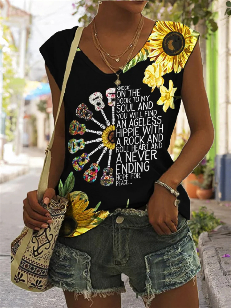 Hippie Guitars Classic Song Sunflowers Graphic Tank Top