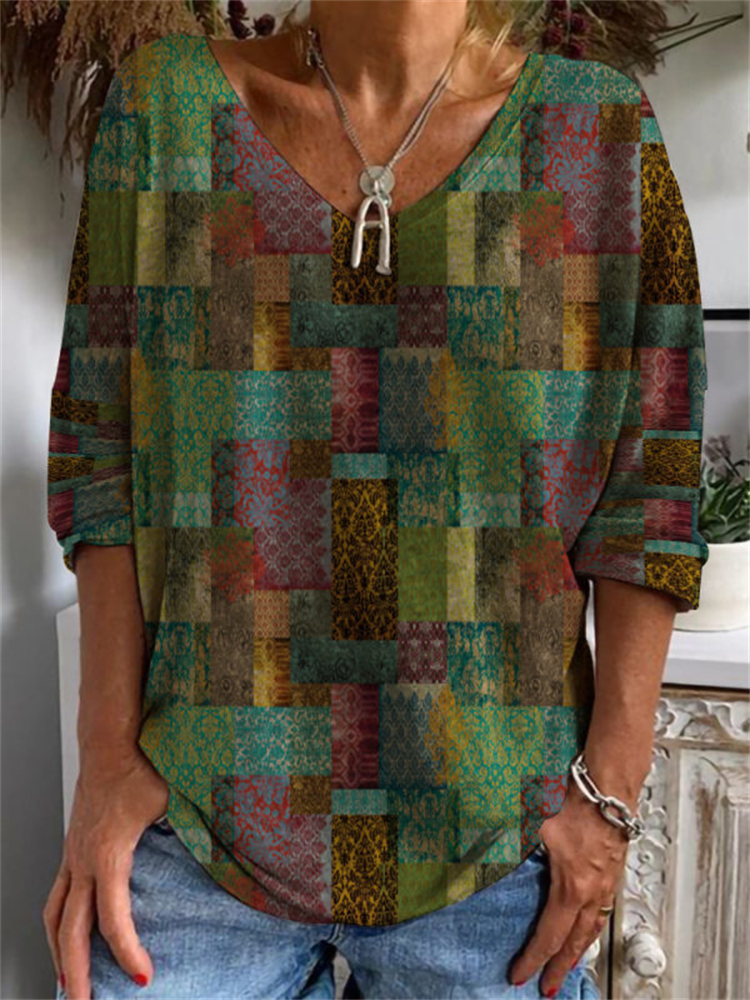 Ethnic Geometric Patchwork Print T Shirt wearshes