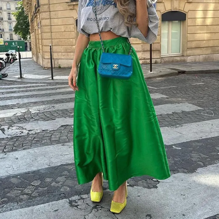 Churchf Churchf Women's Wear 2024 New Satin Green Skirt Skirt Female Summer Simple And Versatile High Waist Big Umbrella Skirt