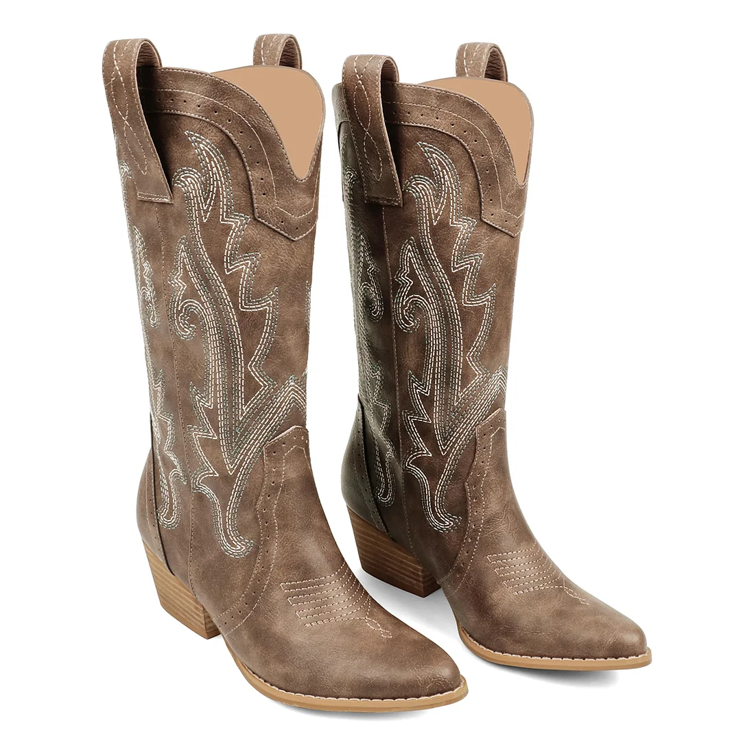 2" Women's Pointed Toe Embroidered Cowboy Boots Vintage Style Western Cowgirl Boots-MERUMOTE