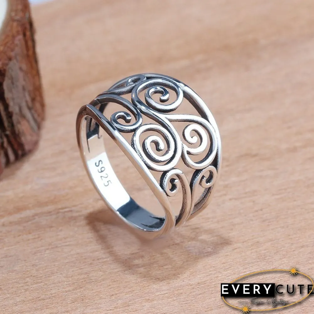 Women Retro Hollow Sterling Silver Jewelry Rings Hollow Fern Pattern Minimalism Anniversary Gift