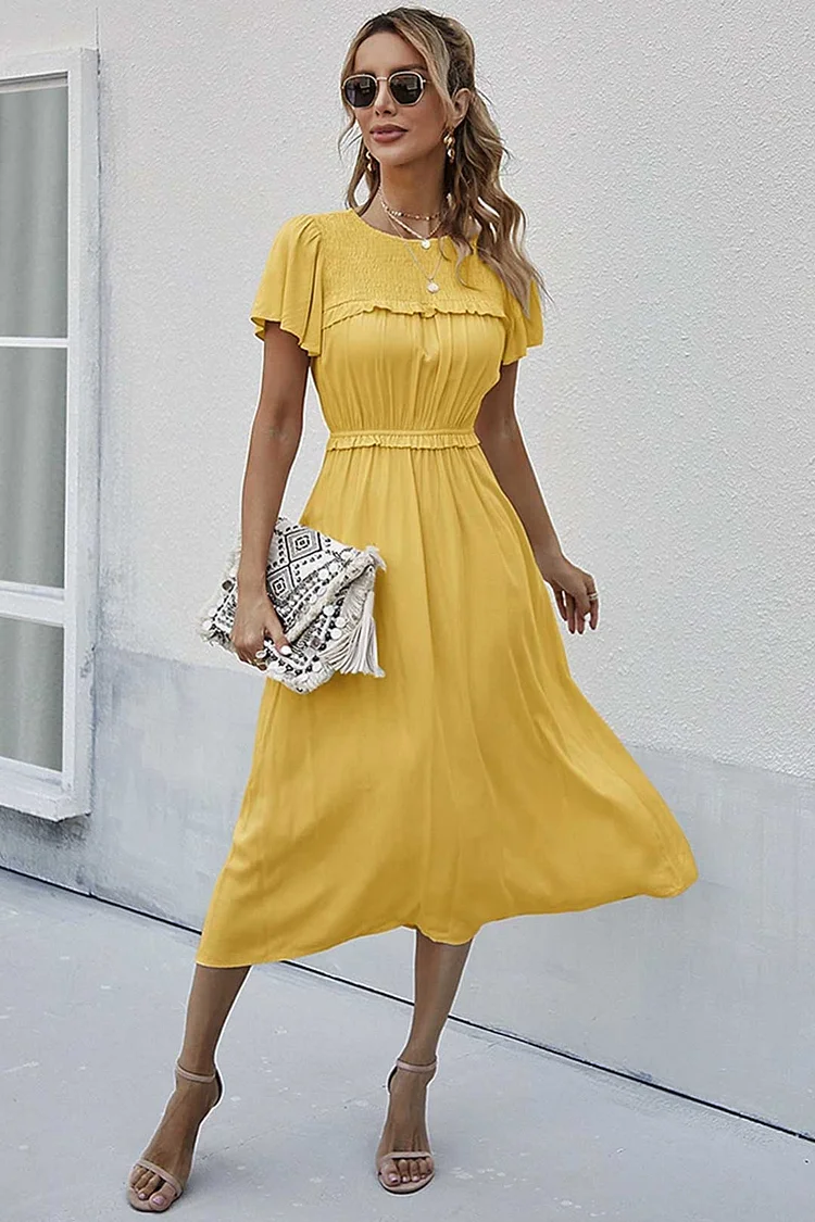 Luditu Midi Dress, Ruffle Grace in Yellow