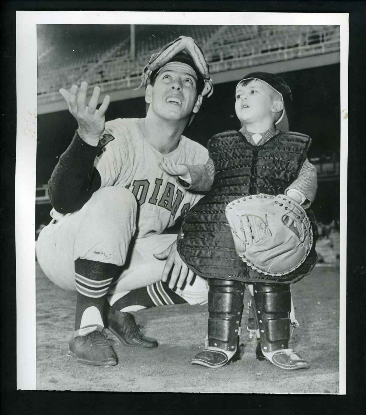 John Romano & young boy in catcher's gear 1960's Press Photo Poster painting Cleveland Indians