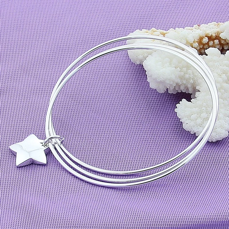 DOTEFFIL 925 Sterling Silver Three Circle Star Bangle Bracelet For Woman Jewelry