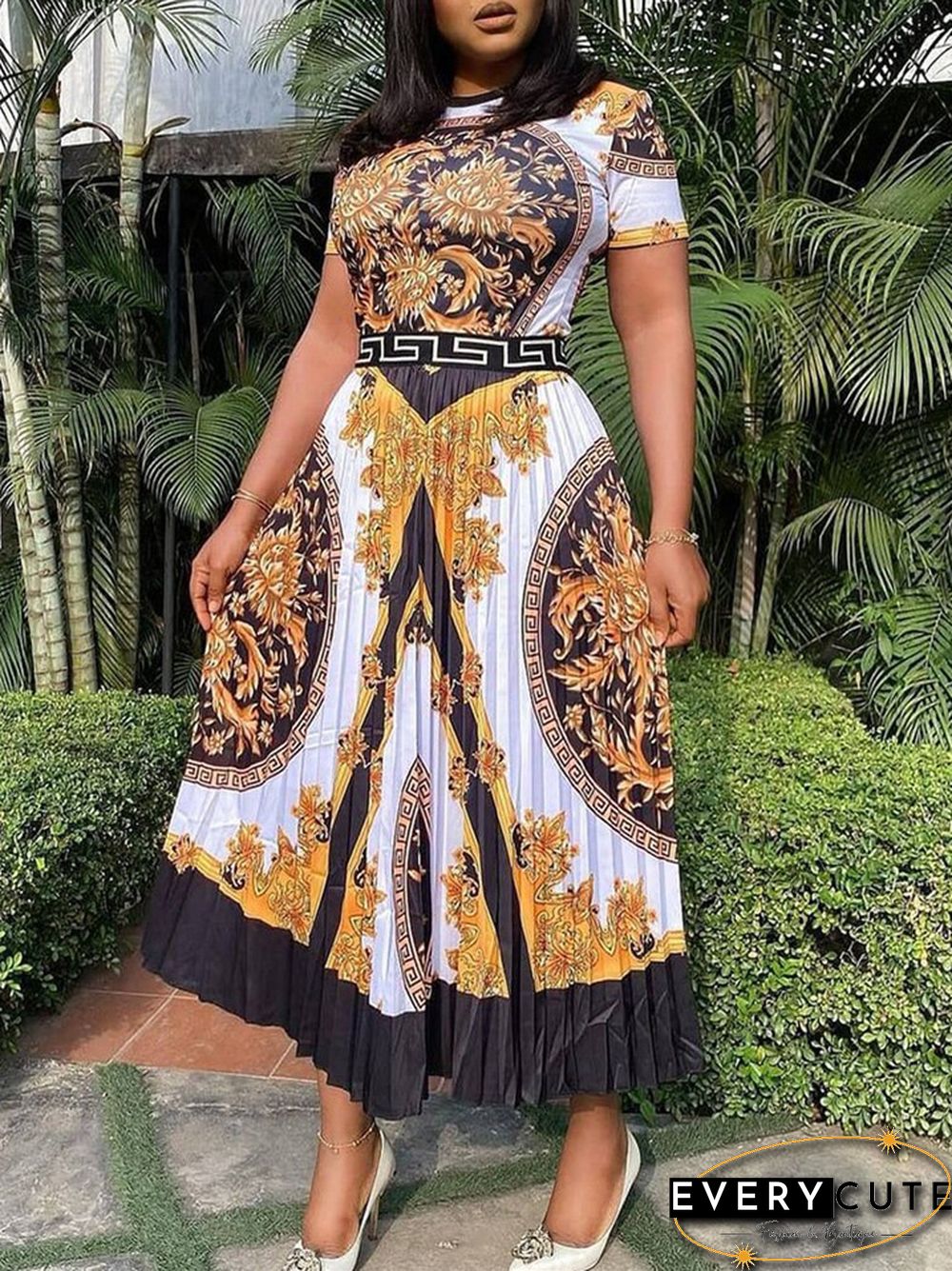 Large Fashion High Waist Long Skirt Print Temperament Commuter Pleated Dress