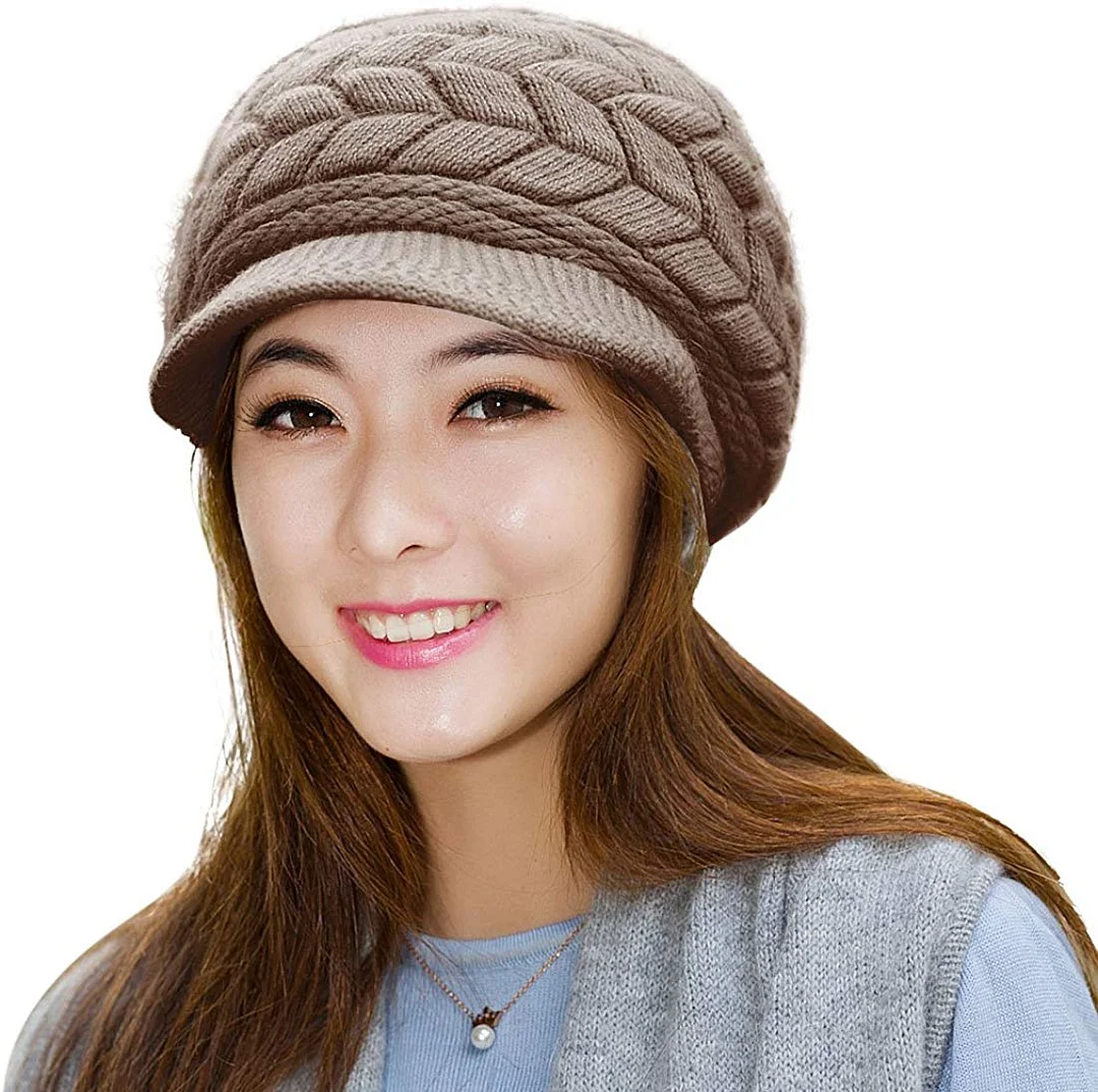 Women Winter Warm Knit Hat Wool Snow Ski Caps with Visor