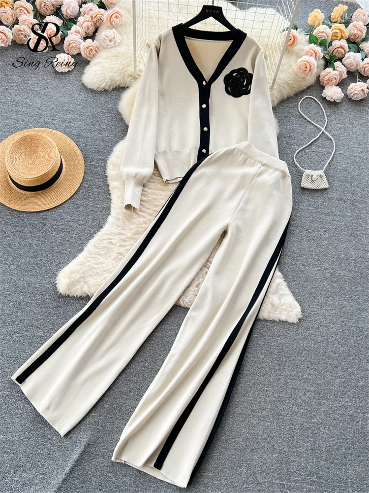 Huibahe Fashion Knitted Women Suits Single Breasted V Neck Cardigan+Wide Legs Long Pants Autumn High Street Loose Sweater Sets