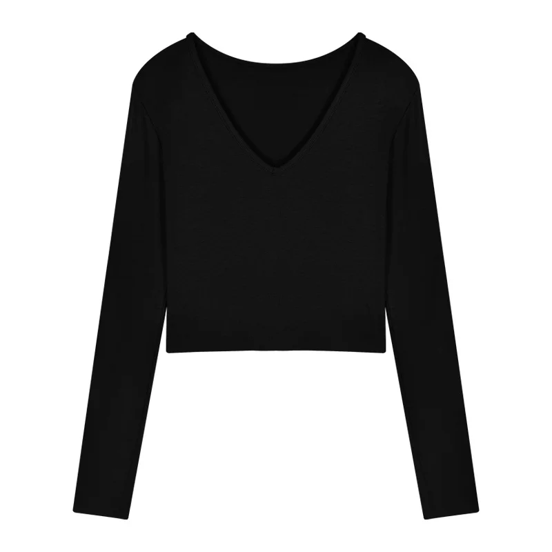Uveng Uveng Women's Short Slim Long Sleeve With Bottom Shirt Autumn 2024 New Sexy V-Neck Collarbone Student Top Female