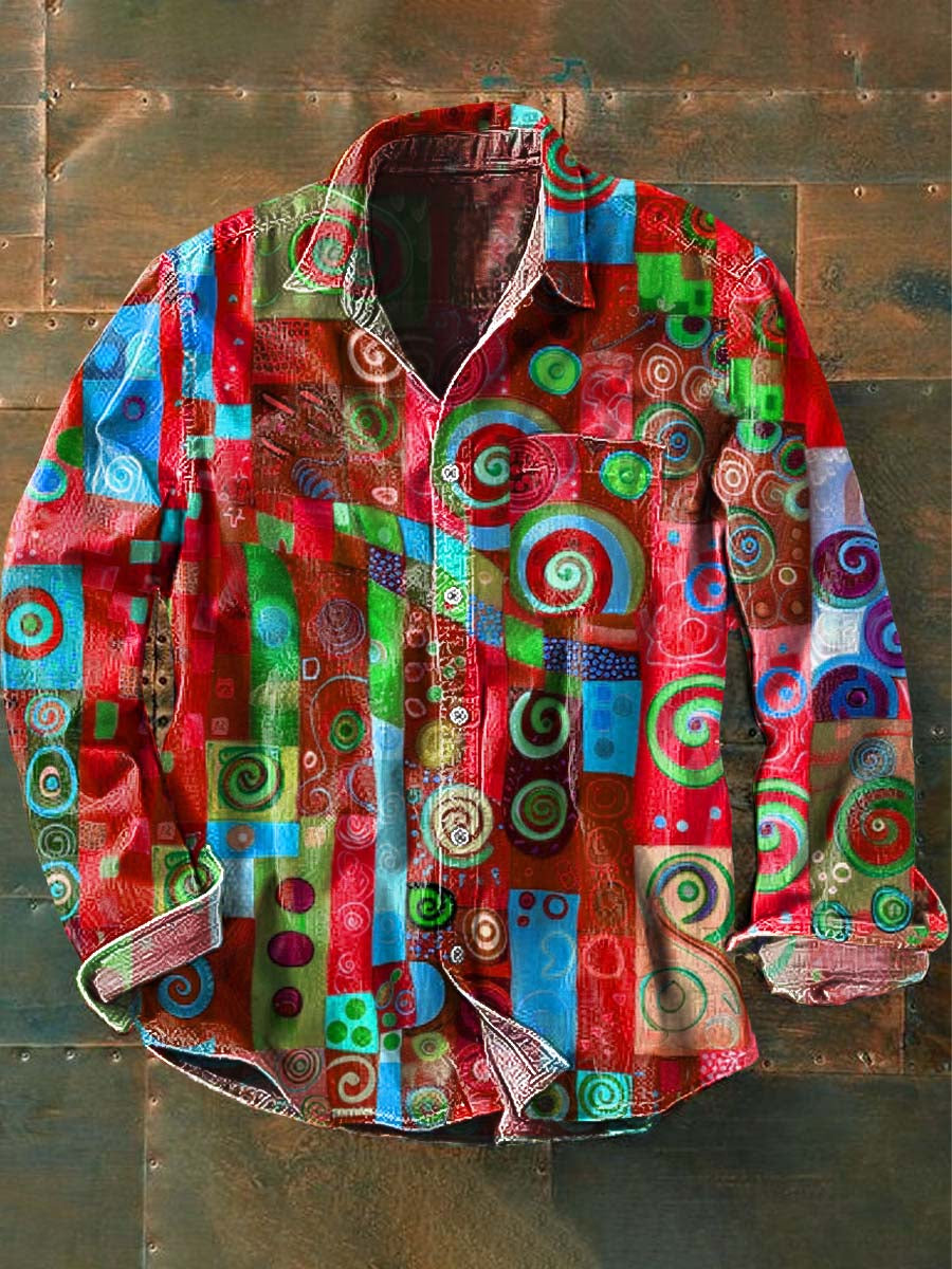 Men's Irregular Abstract Pattern Print Casual Lapel Long Sleeve Shirt