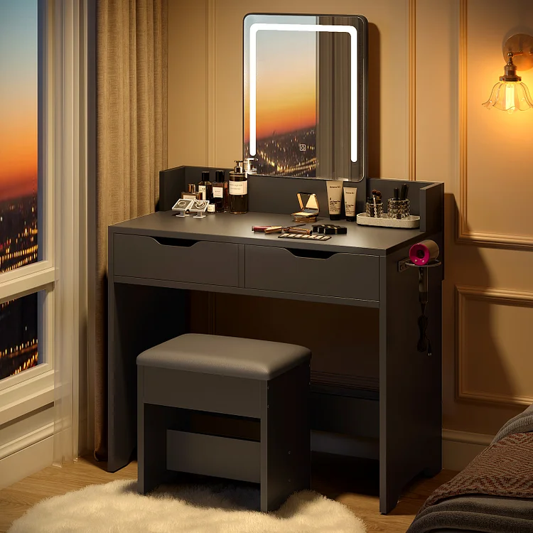 Bestier Makeup Vanity Set with Mirror and Lights,Vanity Desk with 2 Drawers,Vanity Table and Stool Set with 3 Color Brightness Light&Hair Dryer Holder for Bedroom