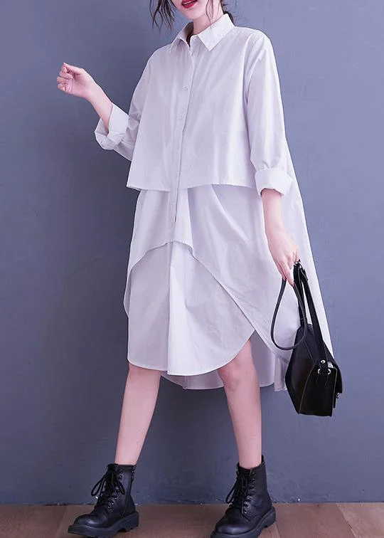 Simple White Quilting Clothes Lapel Low High Design Loose Spring Dress