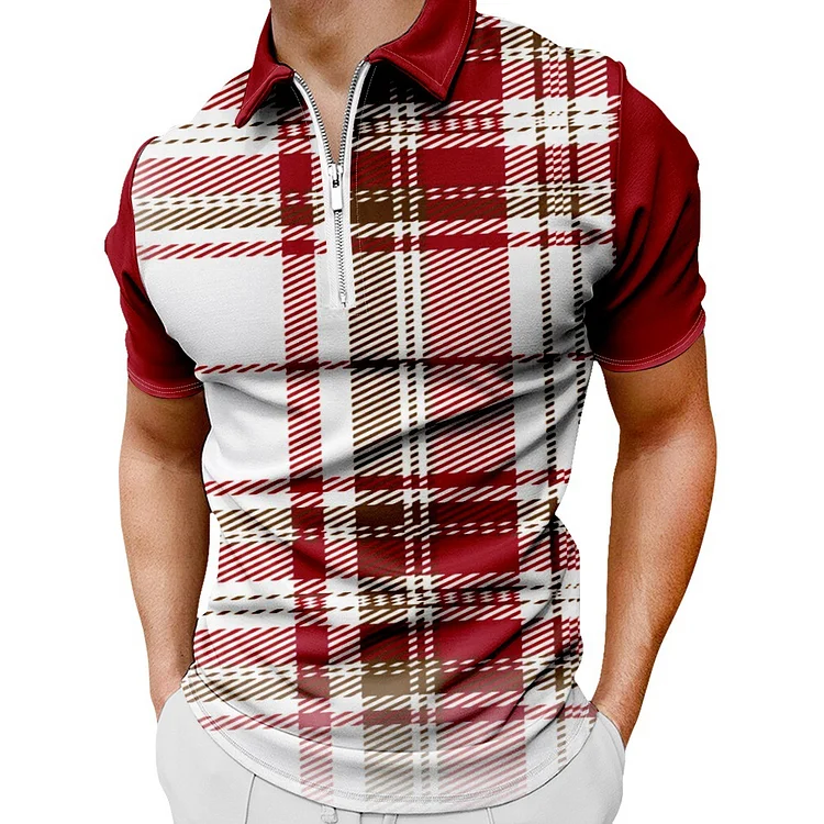 BrosWear Fashion Men's Plaid Gradient Casual Short Sleeve  Polo Shirt