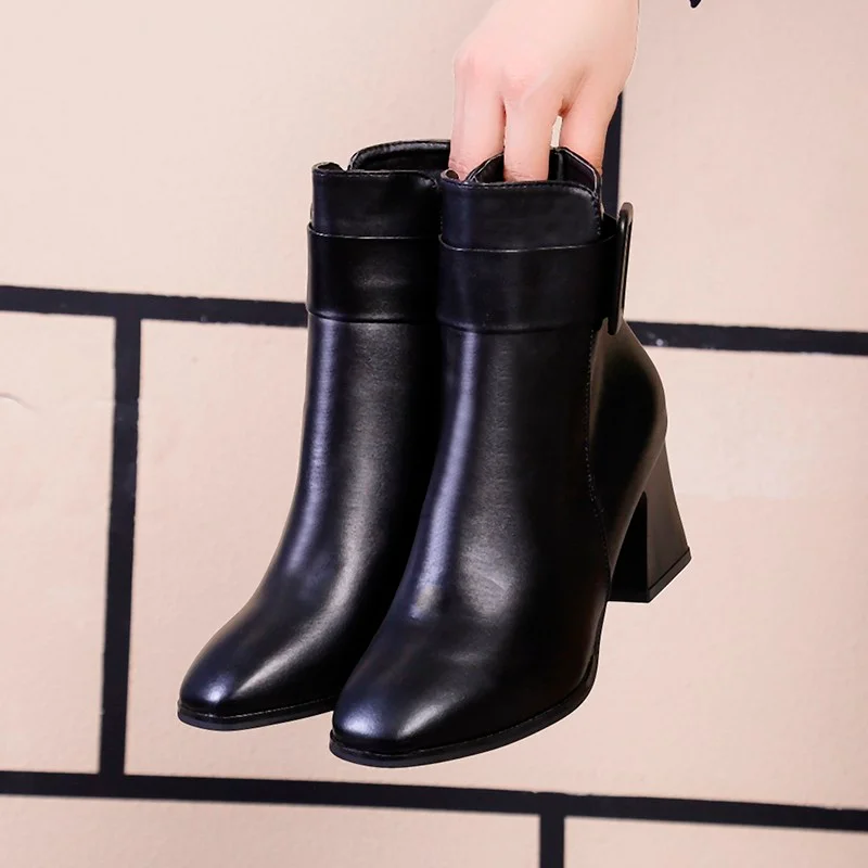 Qengg Black Thick High Heel Ankle Boots Women 2020 Pointed Toe Keep Warm Elegant Short Booties Ladies Ankle Buckle Decoration