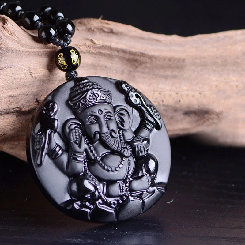 Black Obsidian Ganesh Ganpati Elephant Protection Pendant Necklace