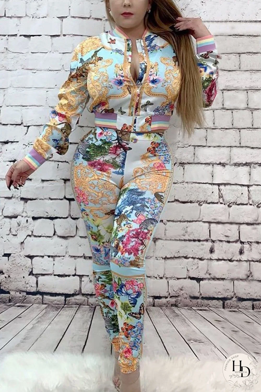 Fashion Casual Printing Zipper Two-Piece