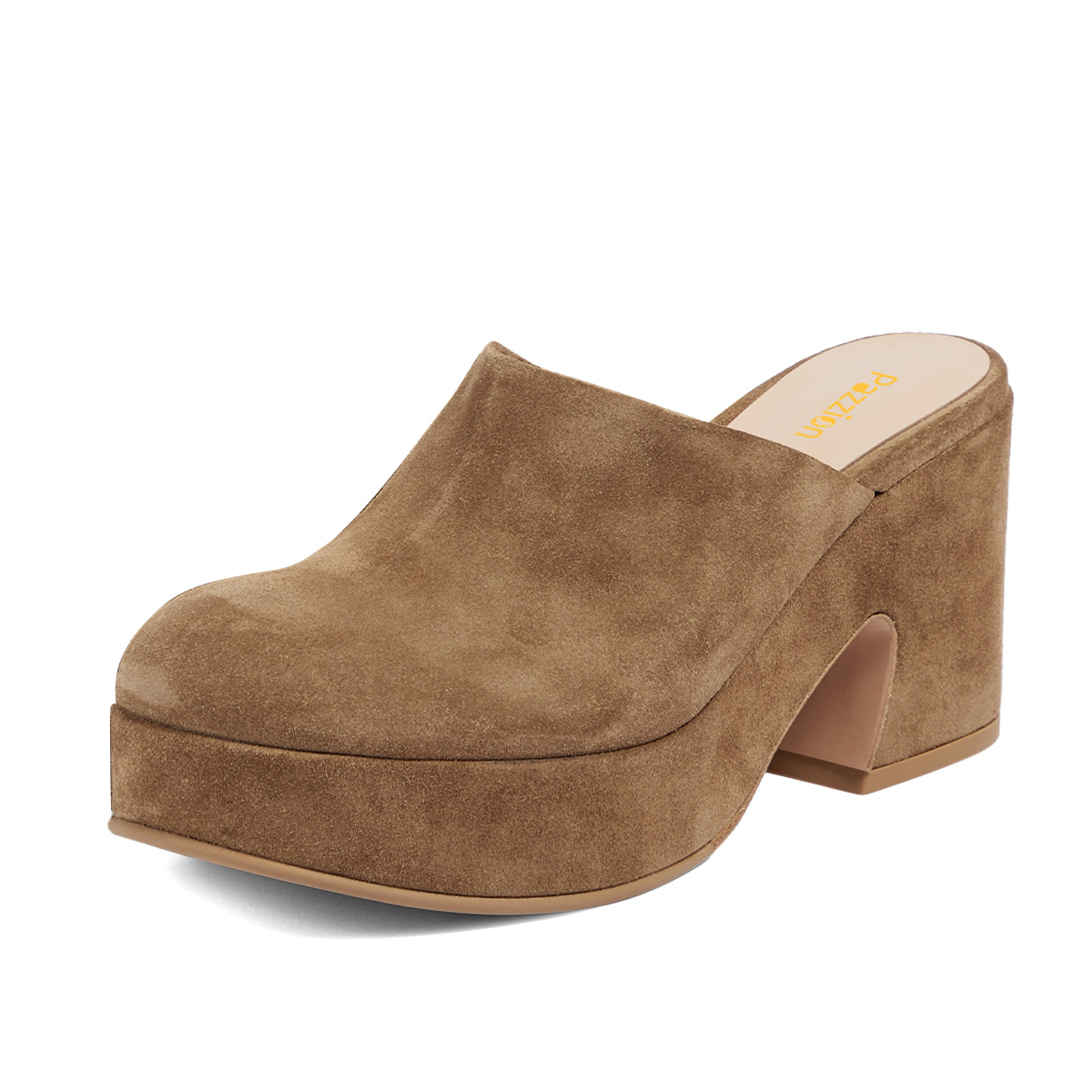 Closed Round Toe Block Heel Slip-On Platform Mules for Women in Tan Nicepairs