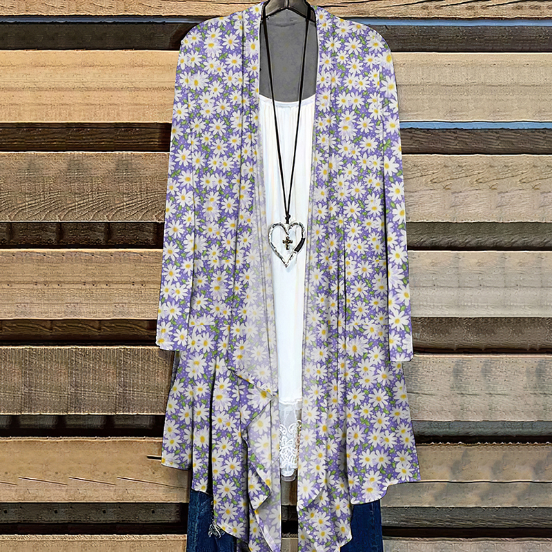 Comstylish Women's Daisy Printed Long-sleeved Kimono