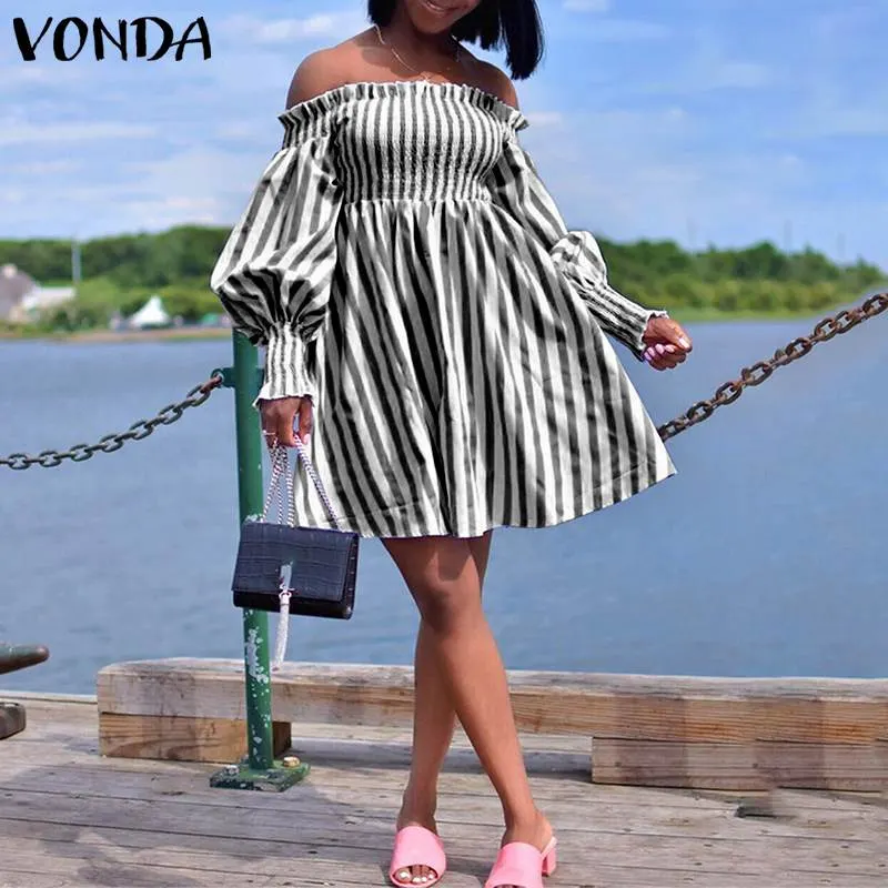 Party Dress VONDA Vintage Striped Dresses Sexy Off Shoulder Puff Sleeve Sundress Women Bohemian Vestidos Oversized Robe Femme
